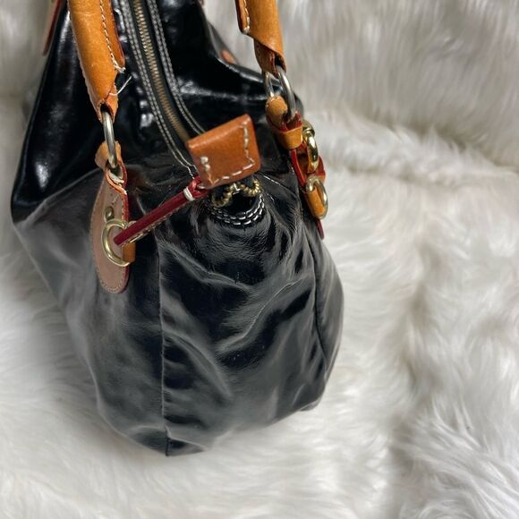 Cavalcanti made in Italy patent leather black shoulder bag tan leather trims - Picture 5 of 14